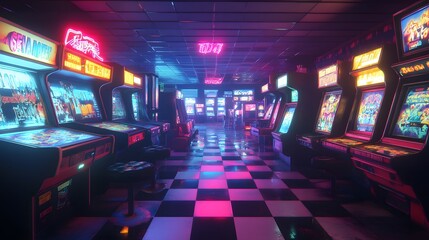 A vibrant arcade scene with classic games from the 80s mixed with modern lighting and technology capturing the nostalgia of old gaming