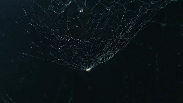 Spooky creepy cobweb spiders web covered a black background, zoom in. slow motion. 4K Video