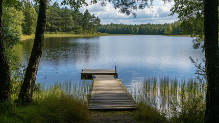 A secluded lake with a small dock, perfect for fishing or relaxing.