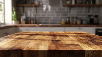 Rustic wooden butcher block countertop in modern kitchen interior, showcasing warm tones and natural grain patterns against blurred background.