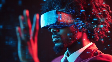 Futuristic virtual reality experience: businessman in VR headset surrounded by glowing red and blue particles, exploring digital realm with hand gesture.