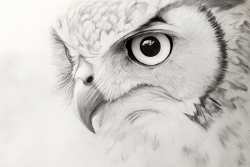 Intense Gaze: A detailed, black and white pencil drawing of an owl's eye, capturing its piercing gaze and captivating detail.  