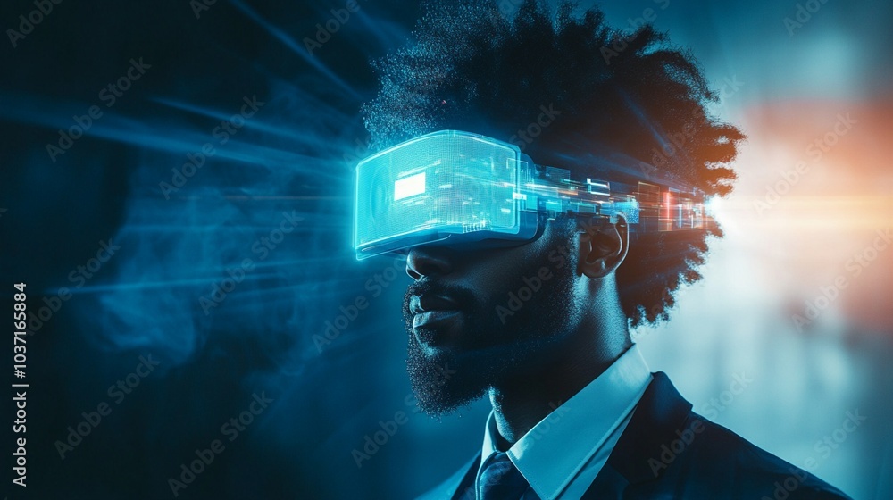Poster futuristic virtual reality headset illuminates user's face with holographic display, merging digital