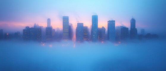 Fototapeta premium Foggy City Horizon, a serene minimalist skyline shrouded in soft mist, creating a tranquil and ethereal atmosphere.