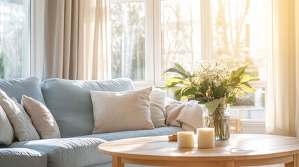 Inviting living room with light blue sofas, large windows letting in natural light, creating a fresh and charming ambiance.