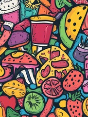 Obraz premium This vibrant artwork features fun doodles of an array of foods such as pizza, ice cream, fruits, and colorful beverages. Generative AI