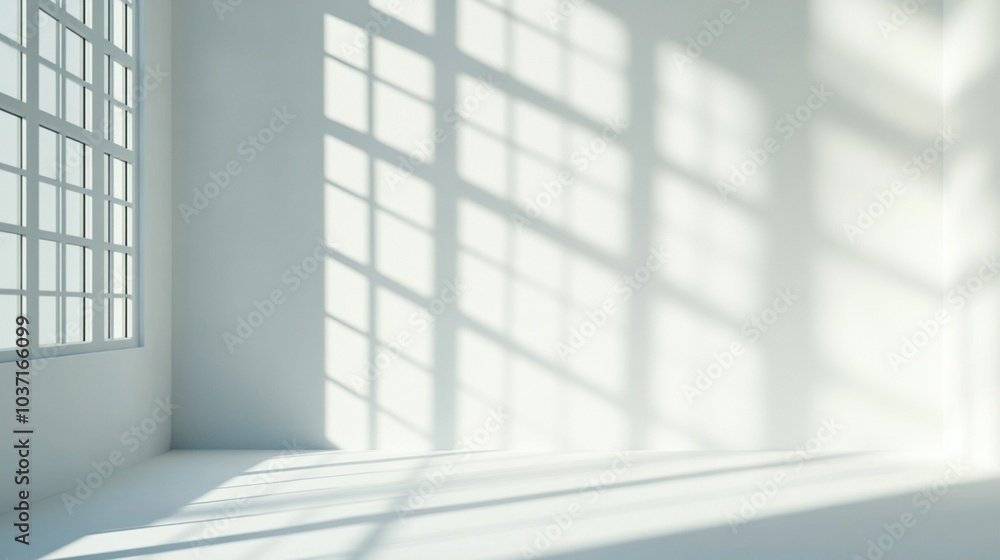 Poster sunlight streams through large industrial windows, casting geometric shadows on pristine white walls