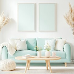 A chic living room with pastel tones, fluffy couch, delicate plants, and minimal decor, fostering a calm atmosphere.