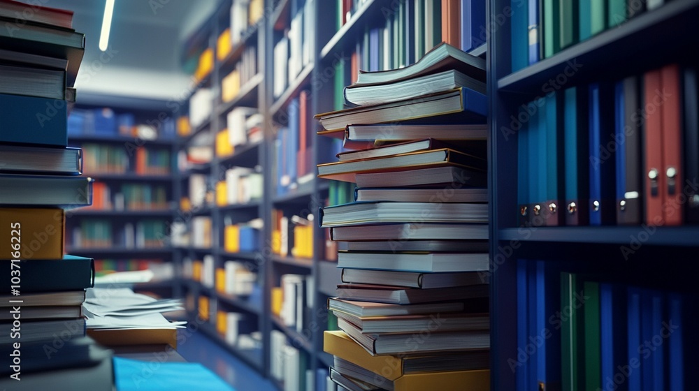 Poster stacks of knowledge: colorful books piled high on shelves in a dimly lit library, creating a serene 