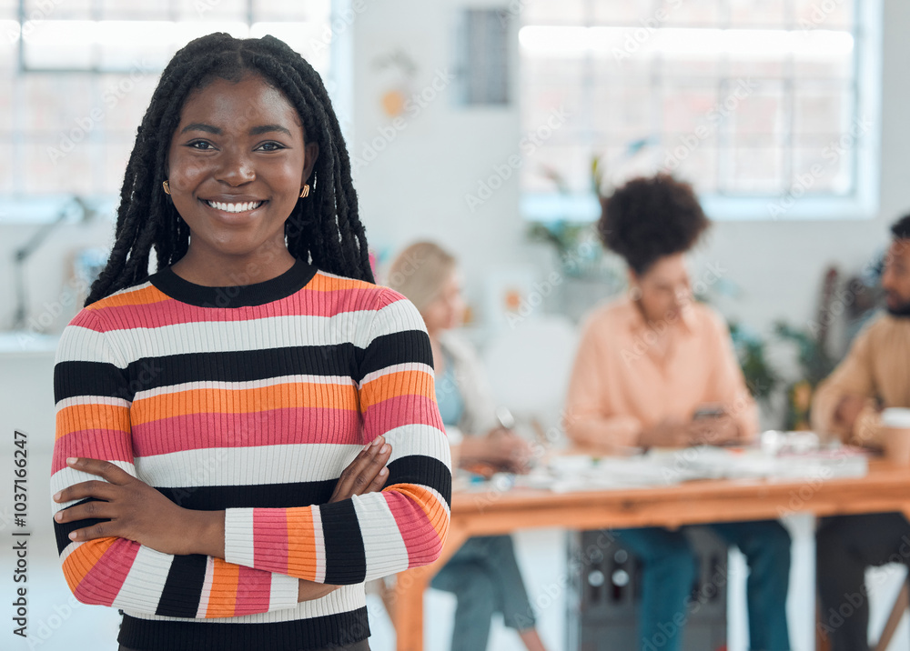 Sticker Arms crossed, meeting and portrait with business woman in office for internship, campaign layout or branding. Creative director, idea and consulting with employee for design, launch and project