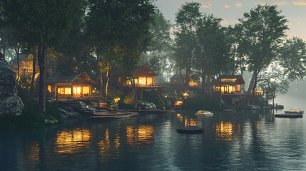 Obraz premium A secluded island retreat with cozy cabins nestled among the trees.