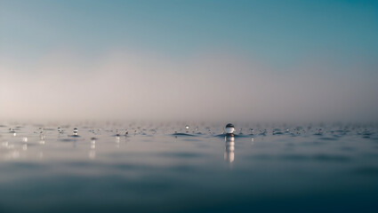 Naklejka premium serene water surface with droplets reflecting light, creating tranquil atmosphere. soft gradient of colors enhances peaceful scene, evoking calmness and clarity