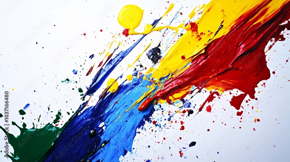 Poster vibrant splashes of primary colors burst across a white canvas, creating a dynamic abstract composit
