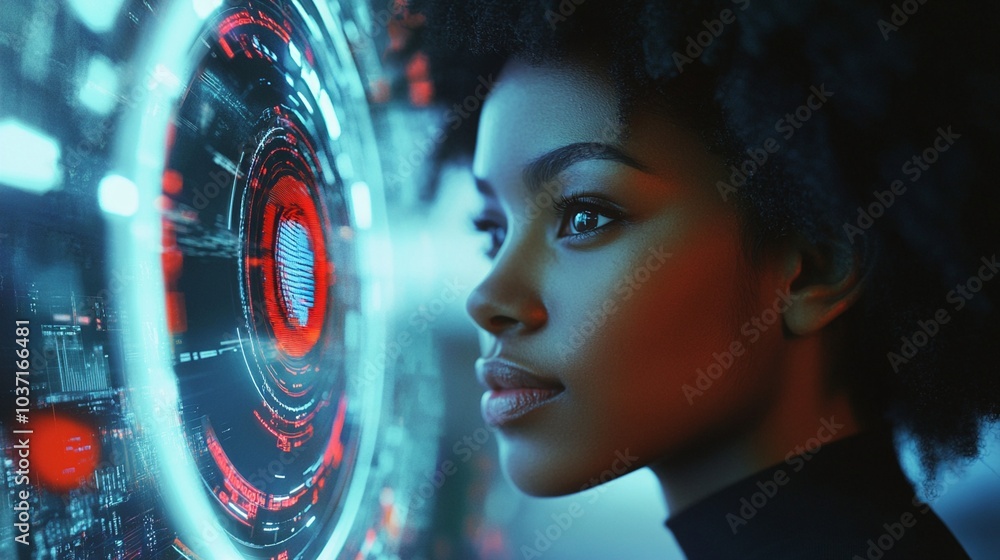 Poster futuristic profile of a woman interacting with advanced holographic interface, showcasing cutting-ed