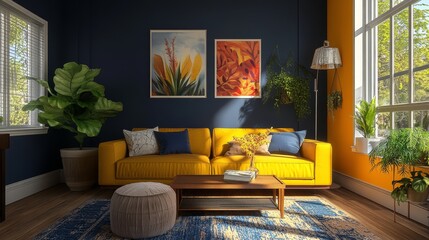 A vibrant living room features a bold yellow sofa set against navy blue walls, accented with artistic decor and lush greenery.