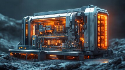 A futuristic industrial facility with glowing elements, set in a desolate landscape.