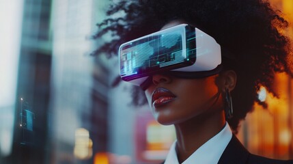 Futuristic urban scene: woman in business attire wearing advanced VR headset, neon city lights reflect on device, blending reality and virtual worlds.