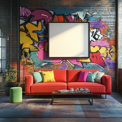 Livingroom decorated in graffiti style with a single blank photo frame, no image, no text, mockup