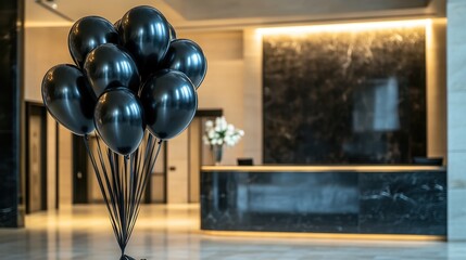 Suitcase with black balloons in the hotel lobby, Black Friday special offer for vacation and hotel stay