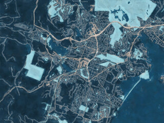 Painterly Style City Map of Langford British Columbia, Canada in a Blue Color Scheme.