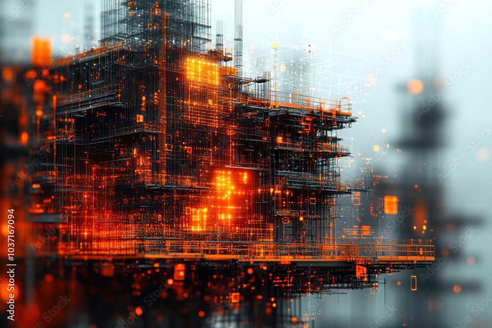 Poster abstract representation of a futuristic industrial structure with digital elements.