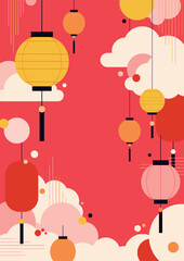 Chinese New Year Poster with Lanterns and Floating Clouds