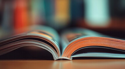Naklejka premium Open book with colorful pages fanned out against blurred background of bookshelves, creating a captivating depth of field and inviting literary atmosphere.
