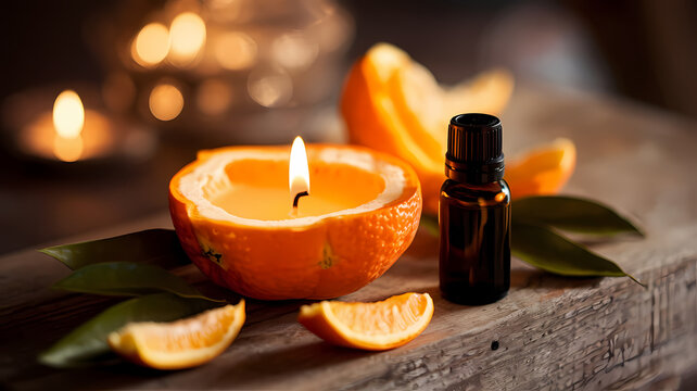Orange peel candle with essential oil and citrus slices on rustic table
