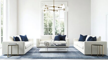 Bright and airy minimalist space featuring elegant neutral furniture, blue touches, and a striking geometric chandelier.