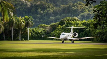 A luxury private jet taking off from a pristine, private airstrip surrounded by lush greenery, with emphasis on the jet鈥檚 elegant design and the serene setting