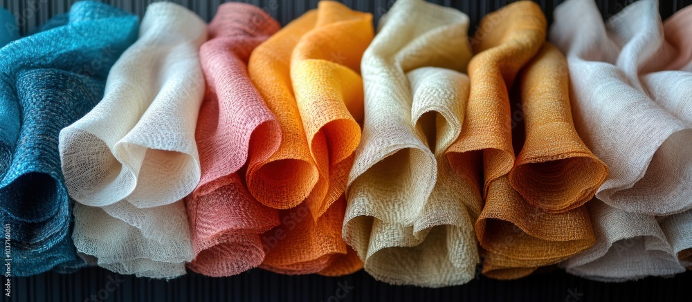 Poster a colorful array of folded fabrics showcasing various textures and hues.