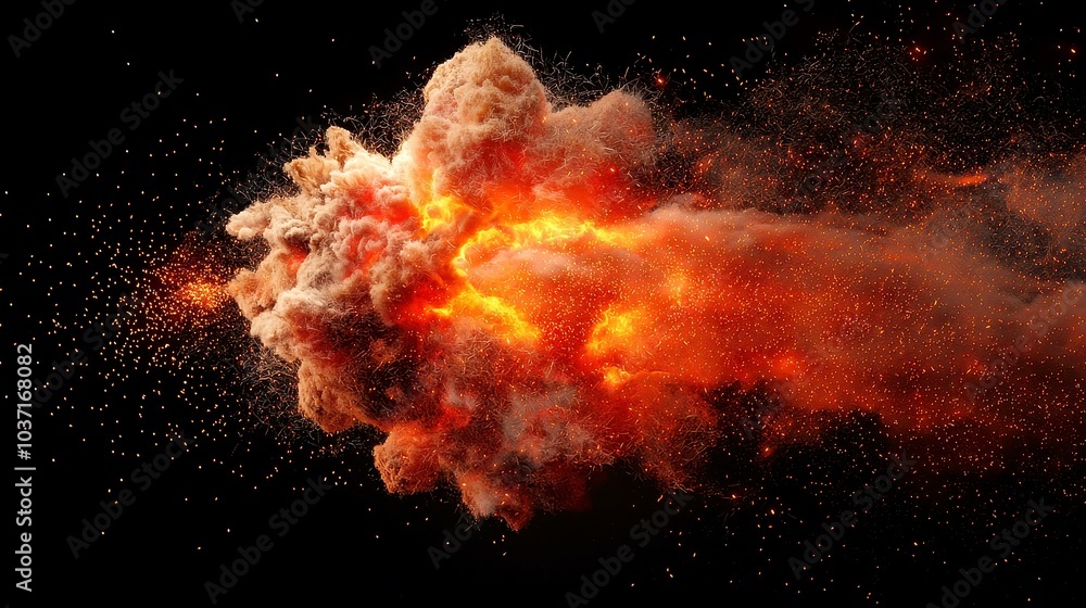 Poster dynamic fiery motion, vivid embers and glowing sparks create an intense firework display against a d