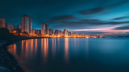 Naklejka premium 206. A stunning panoramic view of a coastal city skyline at twilight, with lights reflecting on the water