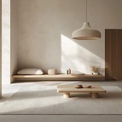 A minimalist interior with neutral colors and simple furniture, creating an atmosphere of elegance within tranquil surroundings.