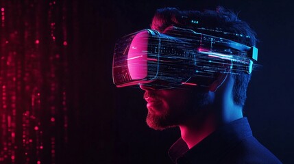 Futuristic profile of a man wearing a high-tech virtual reality headset, illuminated by vibrant neon pink and blue lights against a dark background.