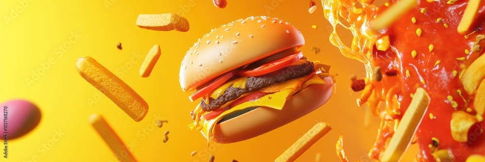 Poster stylized abstractions of popular fast food items like burgers, fries, and pizza create a vibrant dis