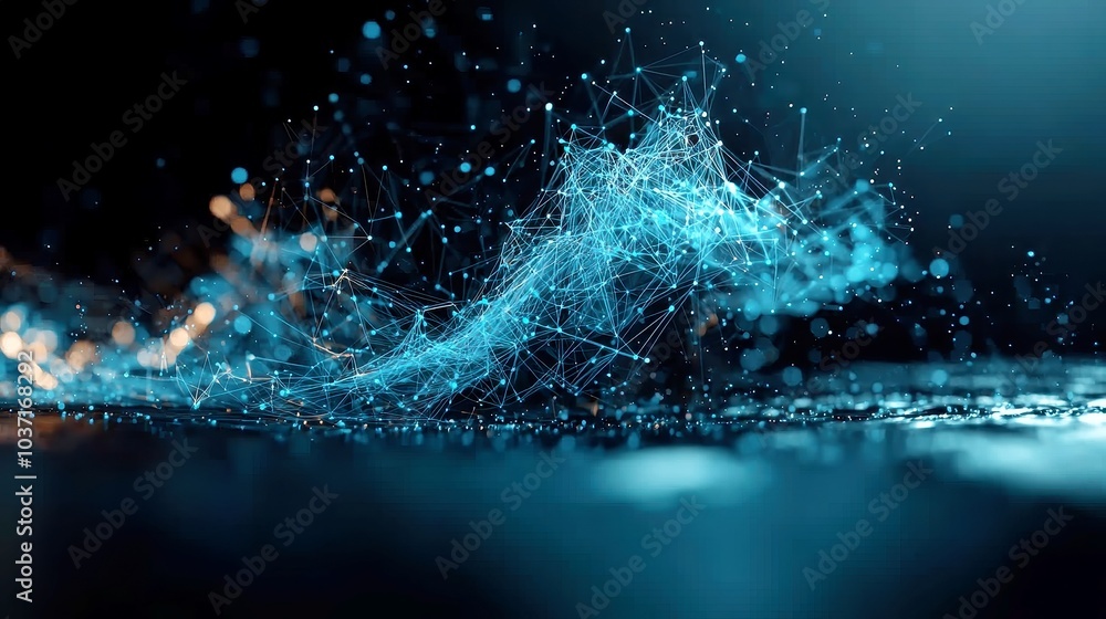 Poster dynamic blue lines intertwine with dots, visualizing abstract geometric motion of network data nodes