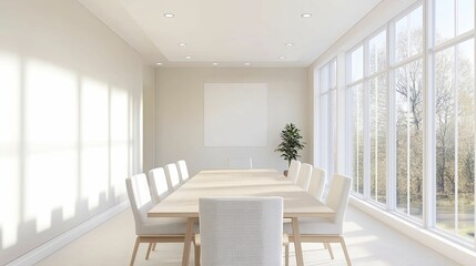 Fototapeta premium The corporate sustainability initiative boardroom features a vibrant neutral design with eco-friendly materials, creating an inspiring space for innovative discussions and decisions.