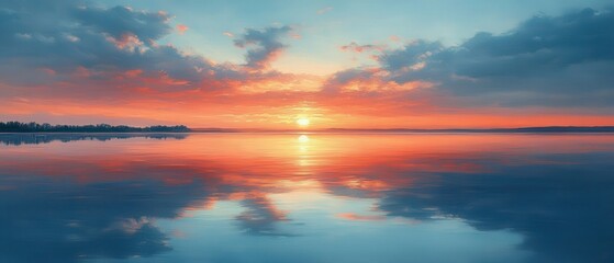 Tranquil Lake Serenity, a minimalist view featuring still waters, soft pastel skies, and gentle reflections in a peaceful landscape.