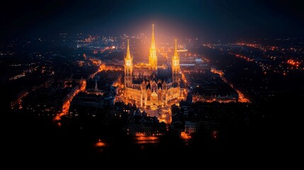 Fototapeta premium Nighttime aerial view of Antwerp, showcasing the gothic Cathedral of Our Lady and the historic city center, illuminated against a backdrop of European urban life.