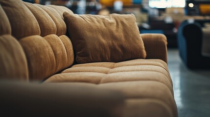 Fototapeta premium A close-up shot of a plush beige sofa highlights a textured cushion, perfect for adding warmth and comfort to interiors.