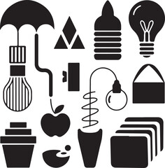 Bulb Icons-  camera icon- microphone glph icon - Human brain icon- Heart Icon- Mobile phone icon- Home icon - ALL VECTOR 
Illustration LCON white background.