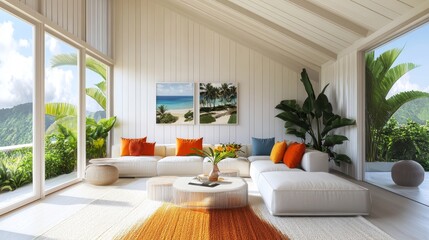 A bright sunlit room features white minimal furniture and lush green plants, achieved through large, expansive windows.