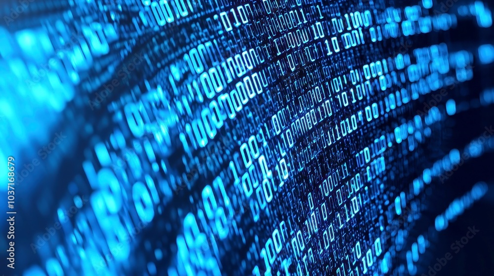 Poster futuristic blue digital code, an immersive big data visualization showcasing flowing hexadecimal pat