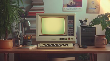A realistic rendering of a 90s desktop computer setup with vintage icons displayed on the screen and modern accessories around