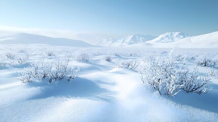 Obraz premium A serene winter landscape featuring snow-covered hills and frosty bushes under a clear blue sky, creating a tranquil and refreshing atmosphere.