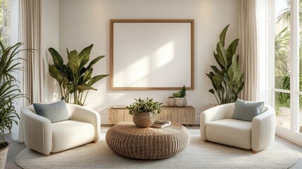 A warm and inviting living space with earthy tones, plush seating, large frame, and vibrant green plants.