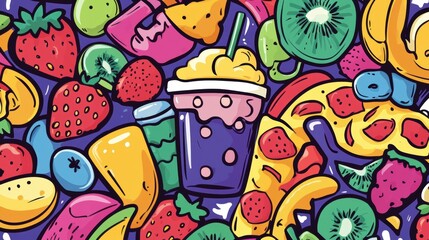 Fototapeta premium This artwork showcases playful doodles of delicious foods including pizza, ice cream, fruits, and colorful beverages in a vivid composition. Generative AI