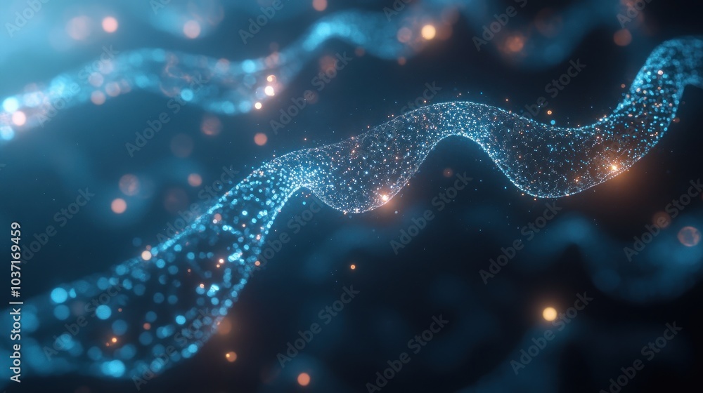 Poster a digital representation of flowing particles resembling waves in a cosmic environment.