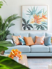 A vibrant living room with a bright blue sofa, colorful tropical art on the wall, and lush indoor plants bathed in sunlight.
